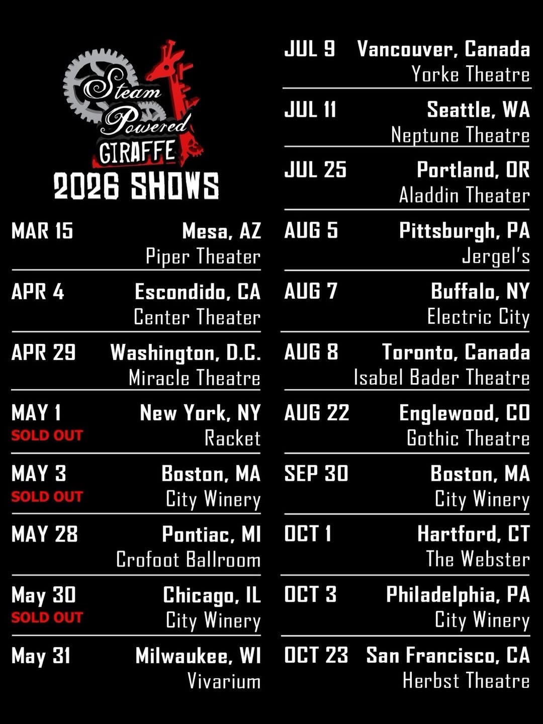 Steam Powered Giraffe Tour Poster 2026